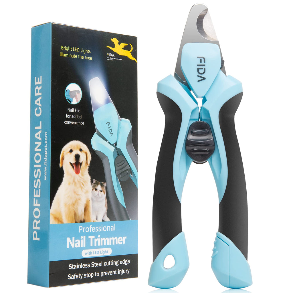 Fida Dog Nail Clippers with LED Light Dog &Cat Nail Trimmer with Safety Guard & Nail File Razor Sharp Blades Pet Nail Trimmer/Clipper with Comfortable Ergonomic Handle (Batteries-Included)